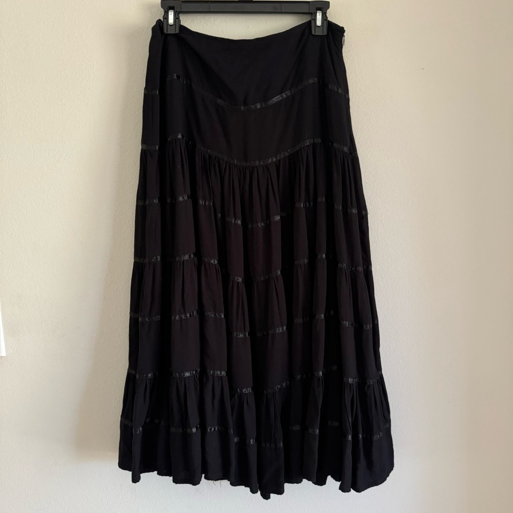 Shermarke Black Ribbon & Ruffle Tiered Maxi Skirt Size Medium